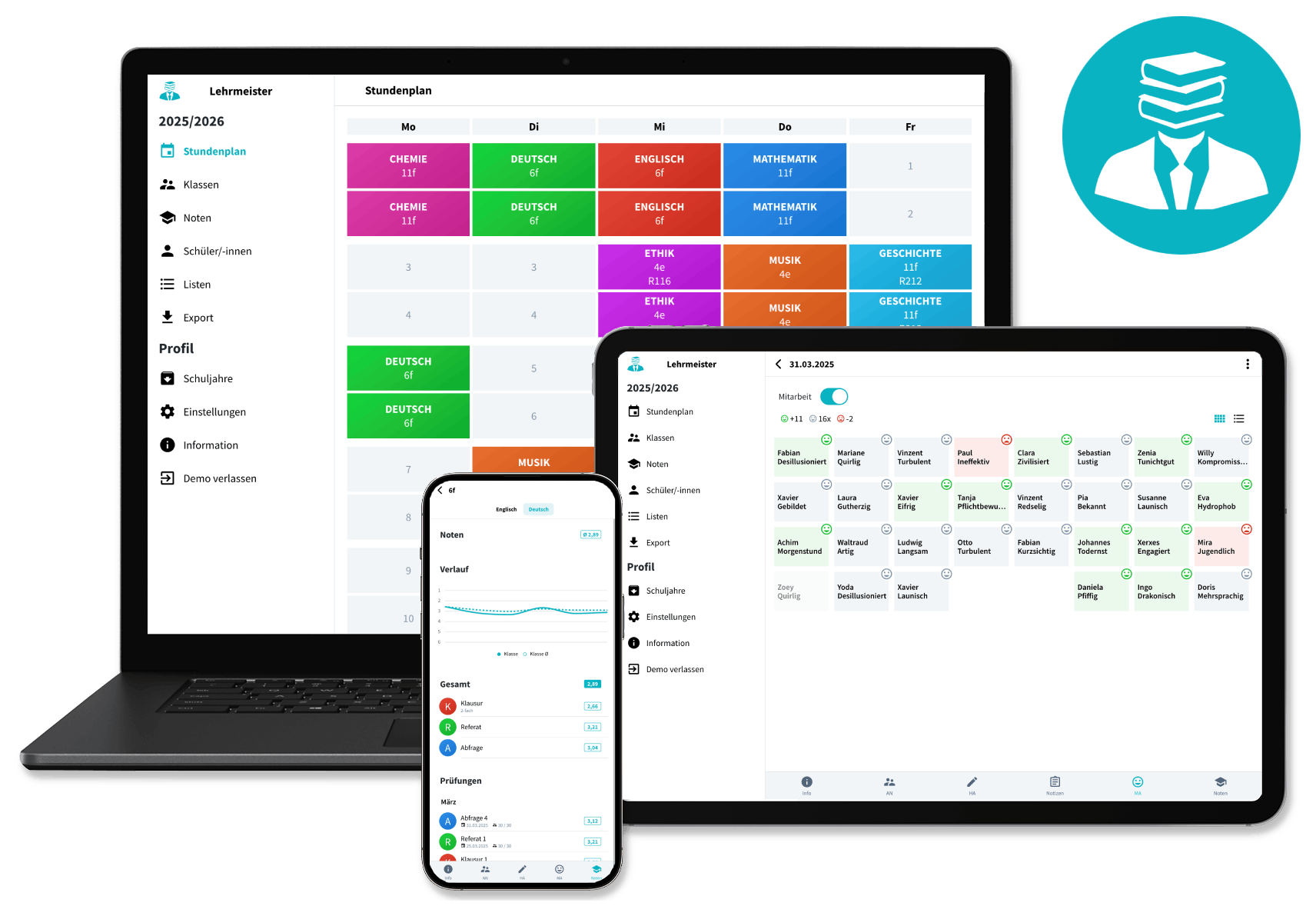 Das Bild zeigt die Lehrmeister App auf einem Smartphone, einem Table und einem Notebook.